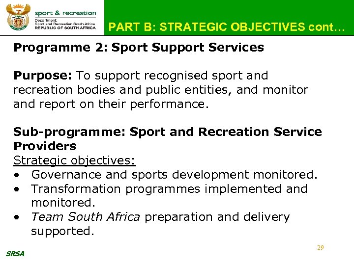 PART B: STRATEGIC OBJECTIVES cont… Programme 2: Sport Support Services Purpose: To support recognised
