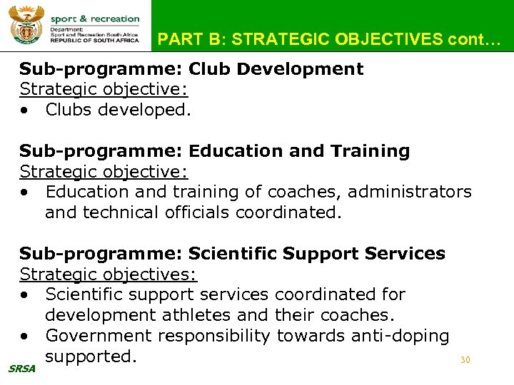 PART B: STRATEGIC OBJECTIVES cont… Sub-programme: Club Development Strategic objective: • Clubs developed. Sub-programme: