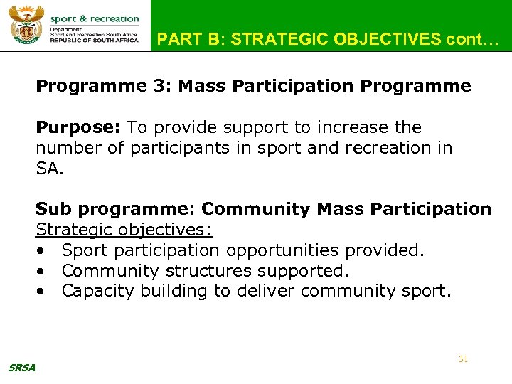 PART B: STRATEGIC OBJECTIVES cont… Programme 3: Mass Participation Programme Purpose: To provide support
