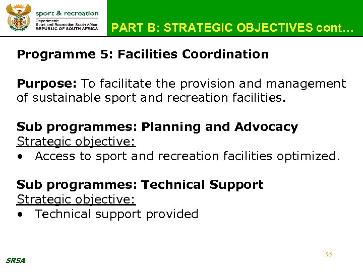 PART B: STRATEGIC OBJECTIVES cont… Programme 5: Facilities Coordination Purpose: To facilitate the provision