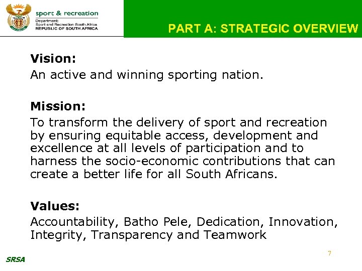 PART A: STRATEGIC OVERVIEW Vision: An active and winning sporting nation. Mission: To transform
