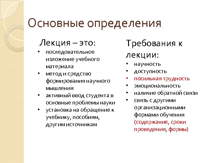 Основные определения Лекция – это: • последовательное изложение учебного материала • метод и средство