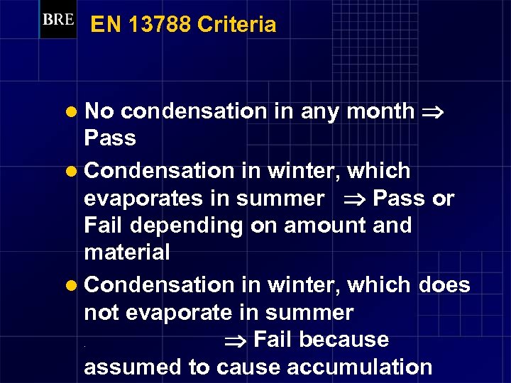 EN 13788 Criteria condensation in any month Pass l Condensation in winter, which evaporates