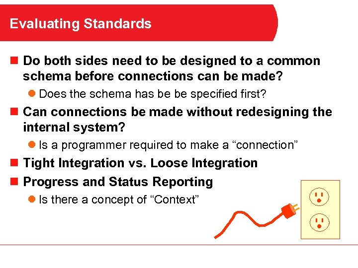 Evaluating Standards n Do both sides need to be designed to a common schema