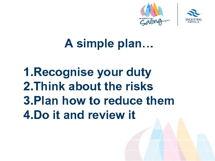 A simple plan… 1. Recognise your duty 2. Think about the risks 3. Plan