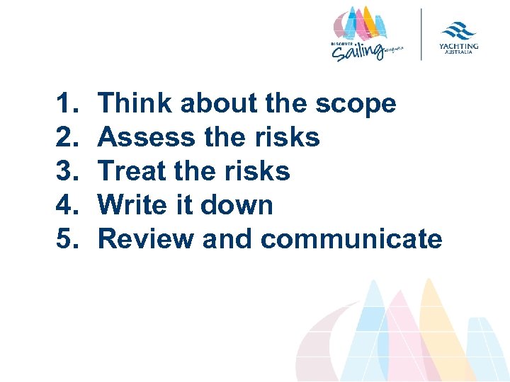 1. 2. 3. 4. 5. Think about the scope Assess the risks Treat the