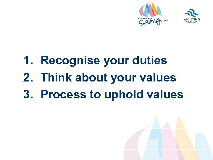 1. Recognise your duties 2. Think about your values 3. Process to uphold values