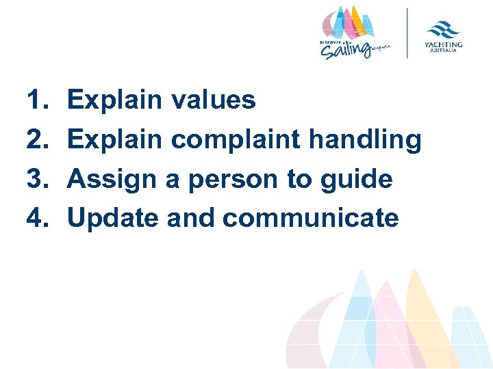 1. 2. 3. 4. Explain values Explain complaint handling Assign a person to guide