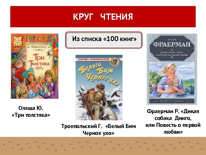 КРУГ ЧТЕНИЯ Из списка « 100 книг» Олеша Ю. «Три толстяка» Троепольский Г. «Белый