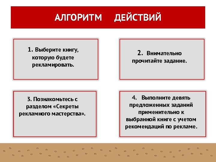 АЛГОРИТМ 1. Выберите книгу, которую будете рекламировать. 3. Познакомьтесь с разделом «Секреты рекламного мастерства»