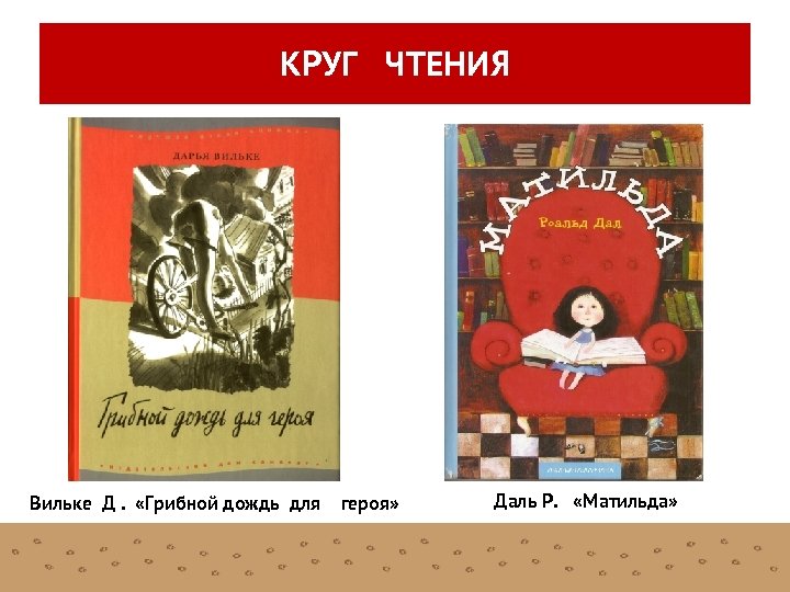 КРУГ ЧТЕНИЯ Вильке Д. «Грибной дождь для героя» Даль Р. «Матильда» 