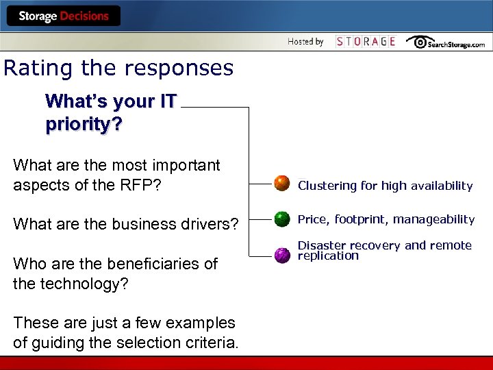 Rating the responses What’s your IT priority? What are the most important aspects of