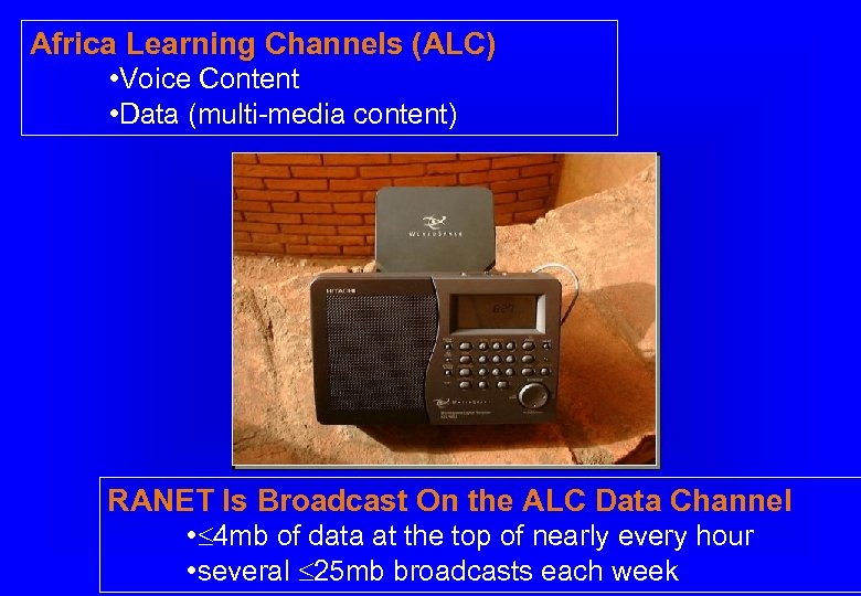 Africa Learning Channels (ALC) • Voice Content • Data (multi-media content) RANET Is Broadcast