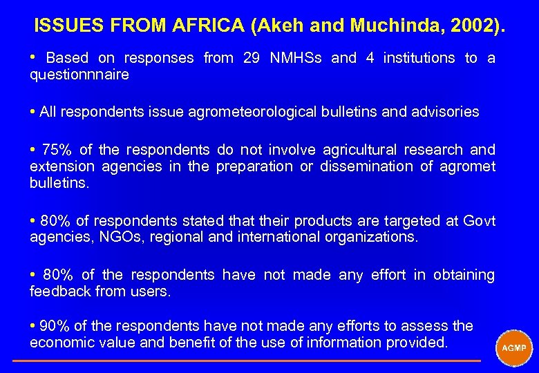 ISSUES FROM AFRICA (Akeh and Muchinda, 2002). • Based on responses from 29 NMHSs