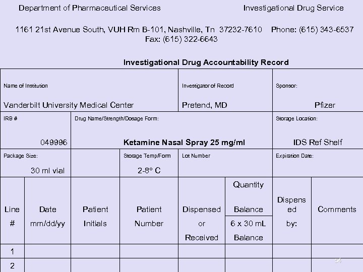 Department of Pharmaceutical Services Investigational Drug Service 1161 21 st Avenue South, VUH Rm