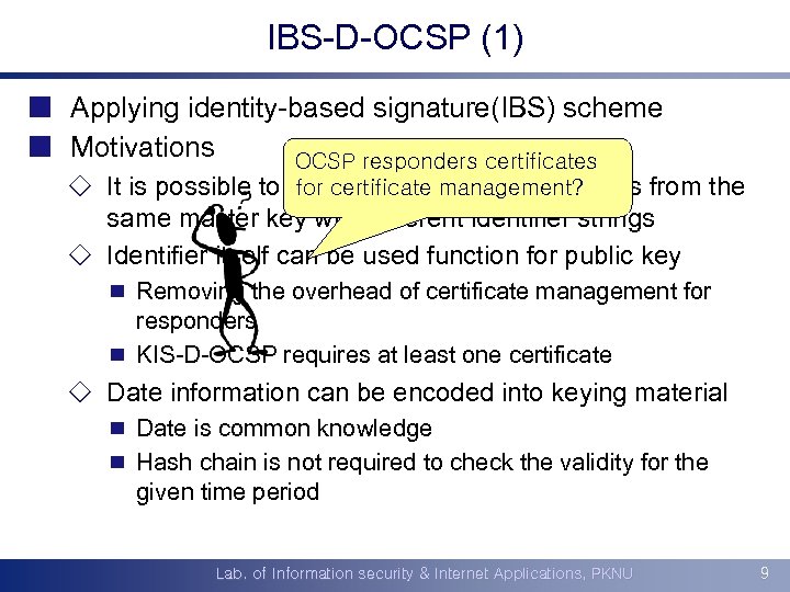 IBS-D-OCSP (1) ¢ Applying identity-based signature(IBS) scheme ¢ Motivations OCSP responders certificates for certificate