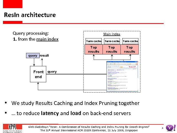 Res. In architecture Query processing: 1. from the main index query result query Front