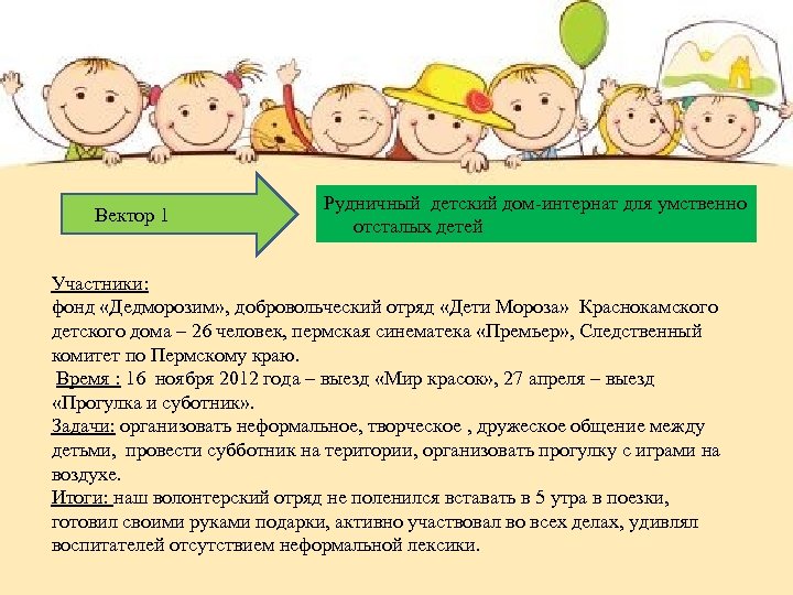 Вектор 1 Рудничный детский дом-интернат для умственно отсталых детей Участники: фонд «Дедморозим» , добровольческий