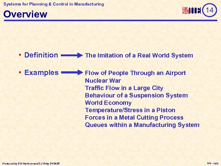 Systems for Planning & Control in Manufacturing Overview • Definition The Imitation of a