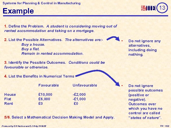 Systems for Planning & Control in Manufacturing 13 Example 1. Define the Problem. A