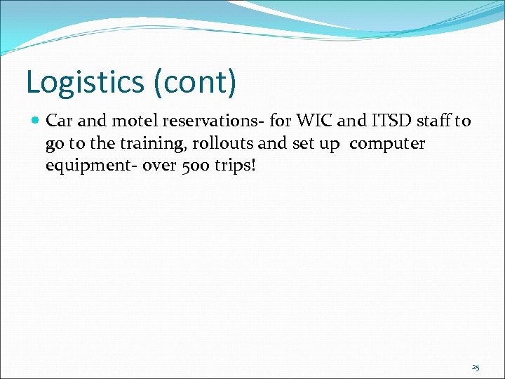 Logistics (cont) Car and motel reservations- for WIC and ITSD staff to go to