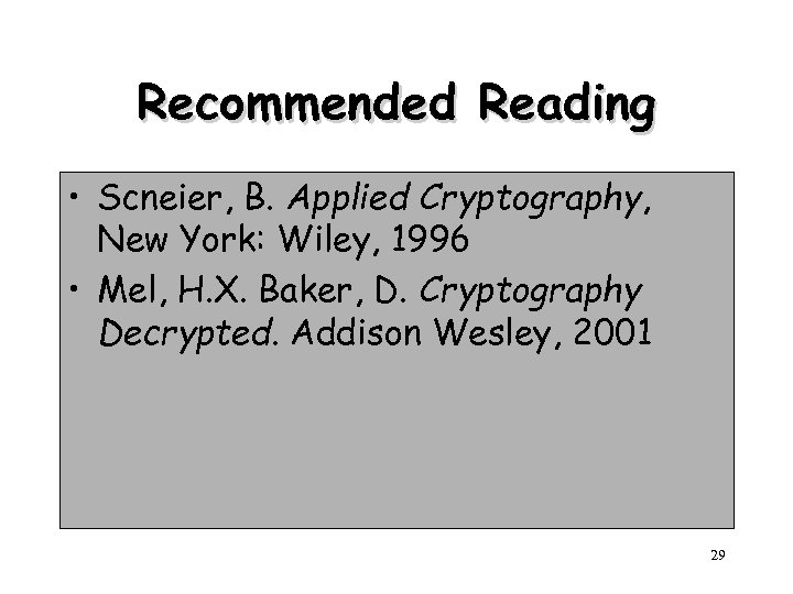 Recommended Reading • Scneier, B. Applied Cryptography, New York: Wiley, 1996 • Mel, H.