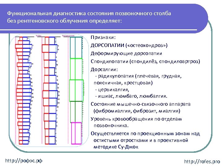 Функциональная диагностика состояния позвоночного столба без рентгеновского облучения определяет: Признаки: ДОРСОПАТИИ ( «остеохондроз» )