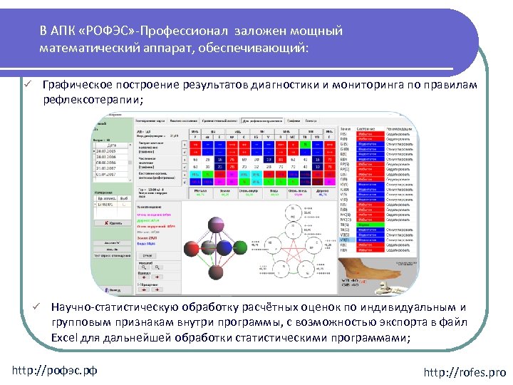 В АПК «РОФЭС» -Профессионал заложен мощный математический аппарат, обеспечивающий: Графическое построение результатов диагностики и