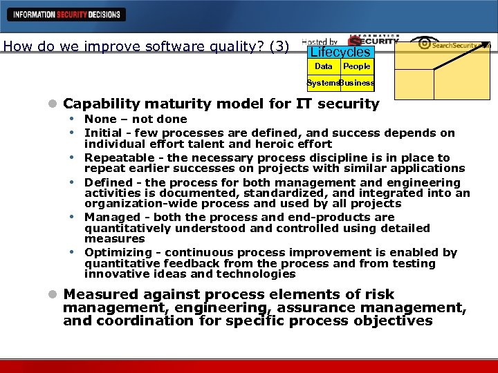 How do we improve software quality? (3) Lifecycles Data People Systems Business l Capability