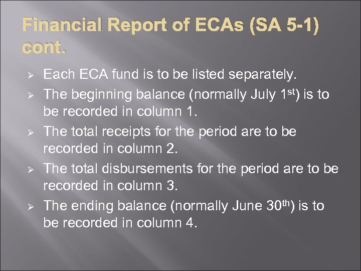 Financial Report of ECAs (SA 5 -1) cont. Ø Ø Ø Each ECA fund