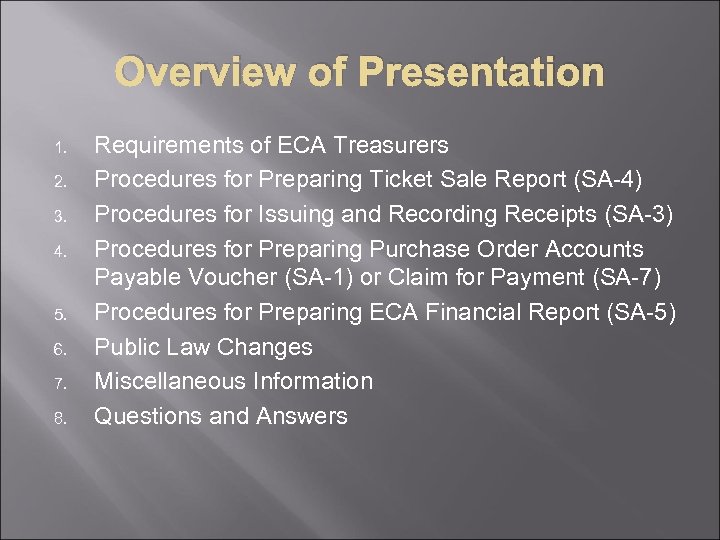 Overview of Presentation 1. 2. 3. 4. 5. 6. 7. 8. Requirements of ECA