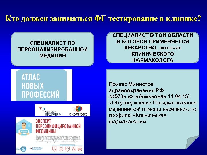 Кто должен заниматься ФГ тестирование в клинике? СПЕЦИАЛИСТ ПО ПЕРСОНАЛИЗИРОВАННОЙ МЕДИЦИН СПЕЦИАЛИСТ В ТОЙ