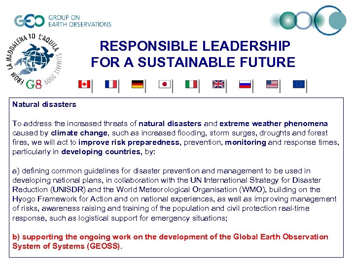 RESPONSIBLE LEADERSHIP FOR A SUSTAINABLE FUTURE Natural disasters To address the increased threats of