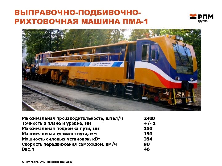 ВЫПРАВОЧНО-ПОДБИВОЧНОРИХТОВОЧНАЯ МАШИНА ПМА-1 Максимальная производительность, шпал/ч Точность в плане и уровне, мм Максимальная подъемка