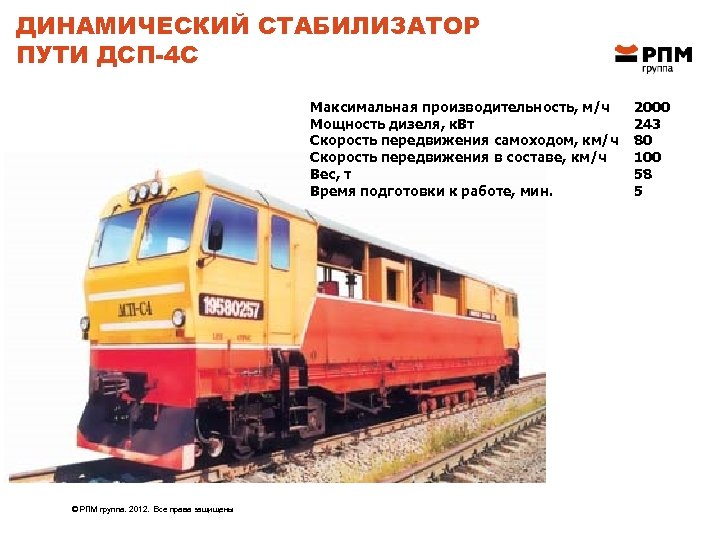 ДИНАМИЧЕСКИЙ СТАБИЛИЗАТОР ПУТИ ДСП-4 С Максимальная производительность, м/ч Мощность дизеля, к. Вт Скорость передвижения