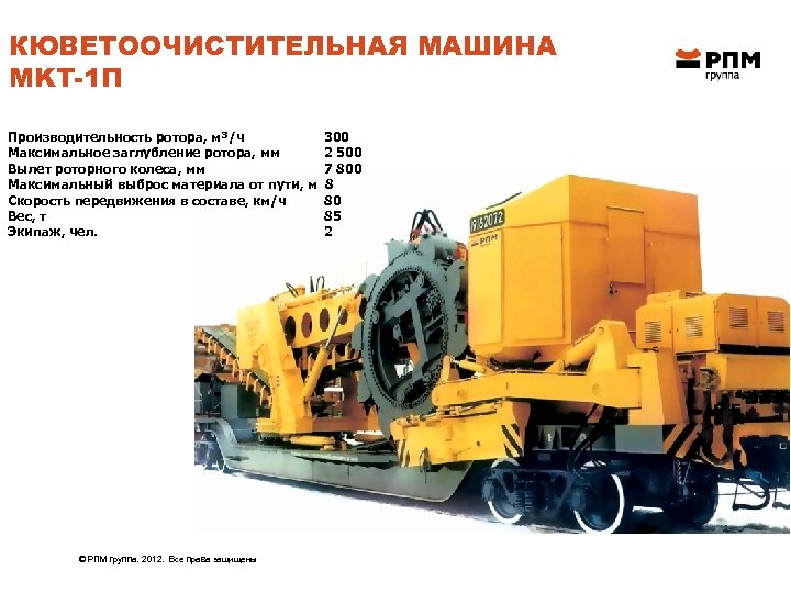 КЮВЕТООЧИСТИТЕЛЬНАЯ МАШИНА MKT-1 П Производительность ротора, м³/ч Максимальное заглубление ротора, мм Вылет роторного колеса,