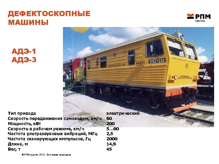 ДЕФЕКТОСКОПНЫЕ МАШИНЫ АДЭ-1 АДЭ-3 Тип привода Скорость передвижения самоходом, км/ч Мощность, к. Вт Скорость