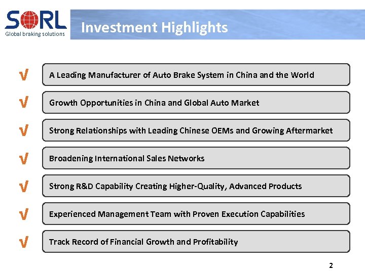 Global braking solutions Investment Highlights √ A Leading Manufacturer of Auto Brake System in