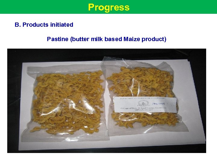 Progress B. Products initiated Pastine (butter milk based Maize product) 