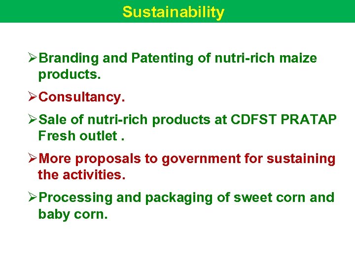 Sustainability ØBranding and Patenting of nutri-rich maize products. ØConsultancy. ØSale of nutri-rich products at