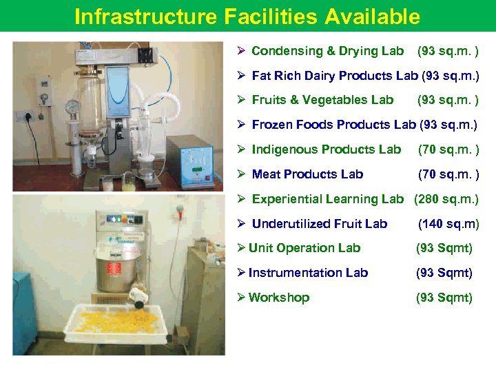 Infrastructure Facilities Available Ø Condensing & Drying Lab (93 sq. m. ) Ø Fat