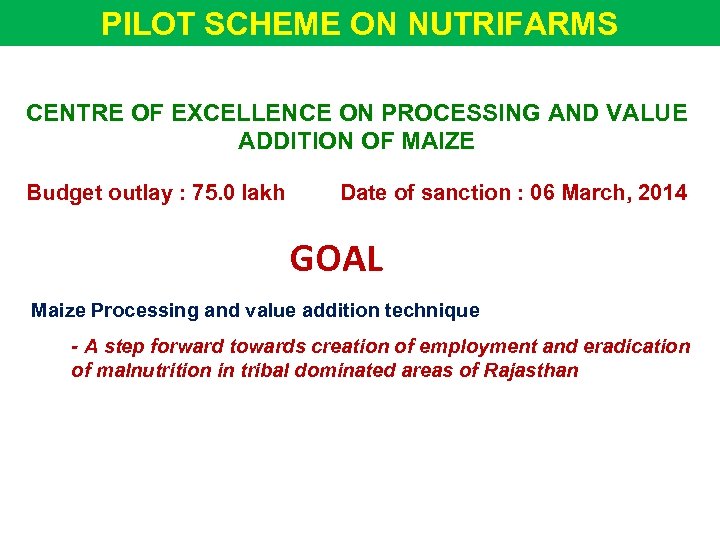 PILOT SCHEME ON NUTRIFARMS CENTRE OF EXCELLENCE ON PROCESSING AND VALUE ADDITION OF MAIZE