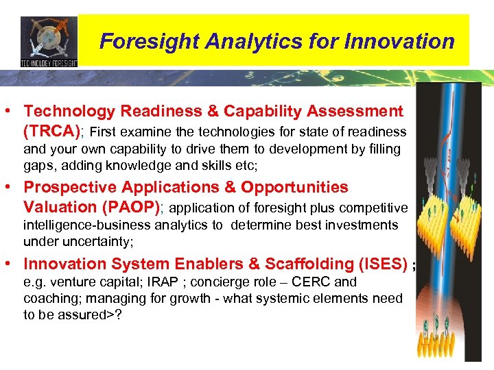  Foresight Analytics for Innovation • Technology Readiness & Capability Assessment (TRCA); First examine