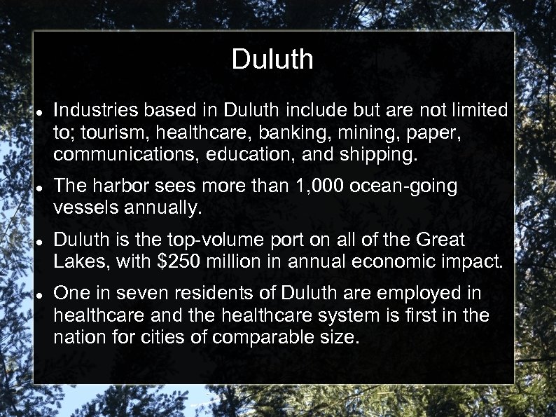 Duluth Industries based in Duluth include but are not limited to; tourism, healthcare, banking,