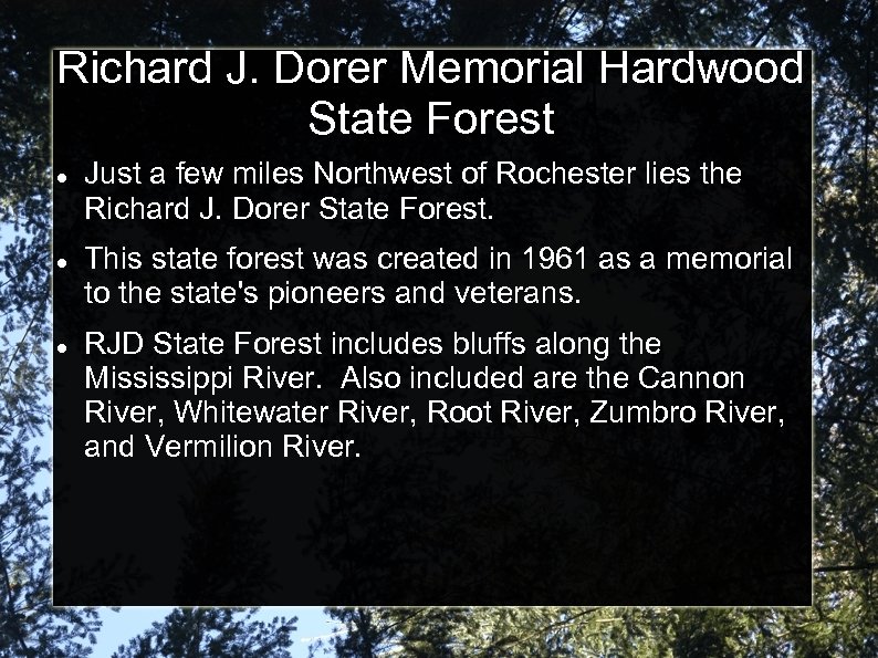 Richard J. Dorer Memorial Hardwood State Forest Just a few miles Northwest of Rochester
