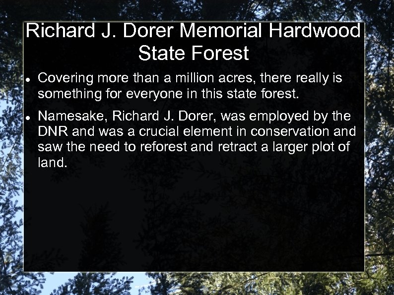 Richard J. Dorer Memorial Hardwood State Forest Covering more than a million acres, there
