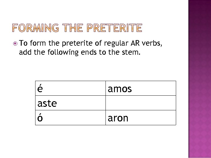  To form the preterite of regular AR verbs, add the following ends to