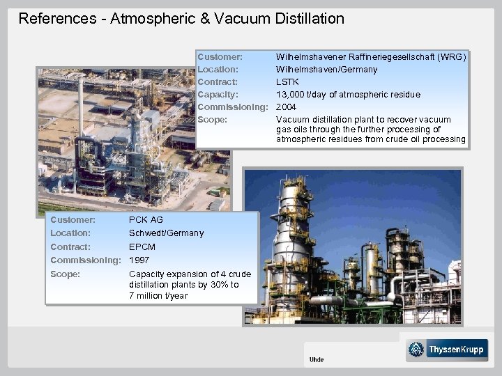 References - Atmospheric & Vacuum Distillation Customer: Location: Contract: Capacity: Commissioning: Scope: Customer: PCK