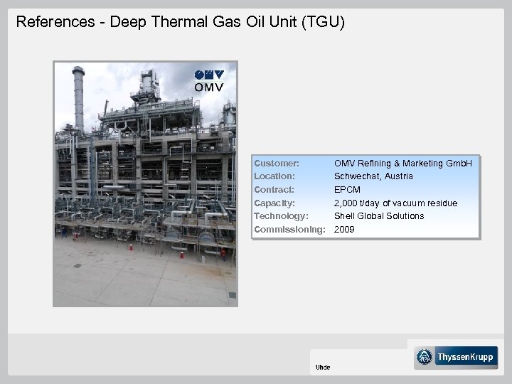 References - Deep Thermal Gas Oil Unit (TGU) Customer: Location: Contract: Capacity: Technology: Commissioning: