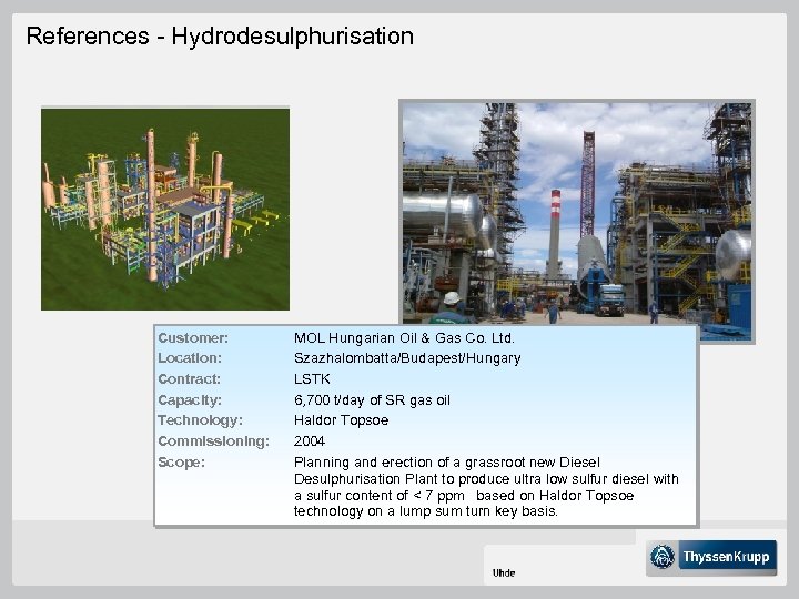 References - Hydrodesulphurisation Customer: Location: Contract: Capacity: Technology: Commissioning: Scope: MOL Hungarian Oil &